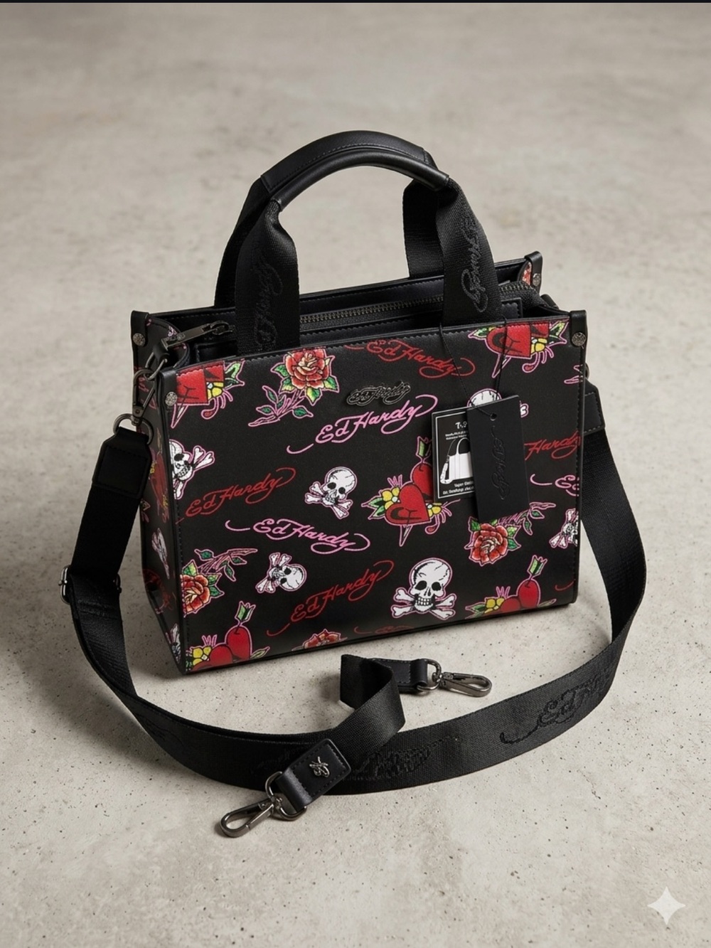 Ed Hardy Skulls and Roses Black Tote Crossbody Bag NWT Y2K Style